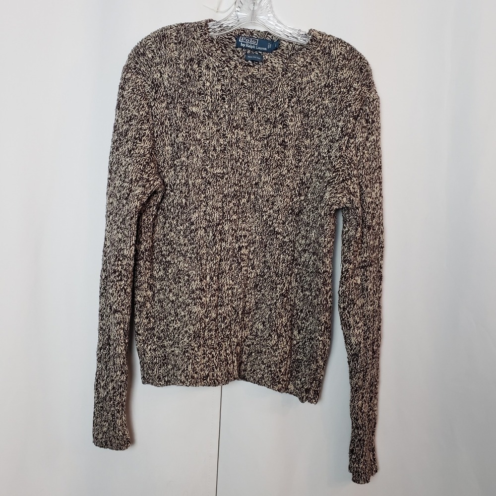 Polo Ralph Lauren Womens Large Brown Marled Cotton Ribbed Crewneck Sweater